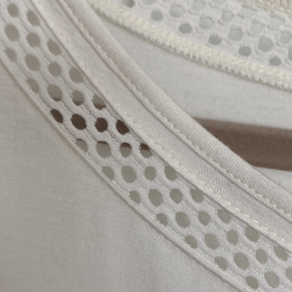 J Jill Creamy White top with lattice trim at neckline and hemline short sleeve - Picture 5 of 9